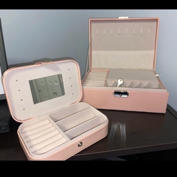 Two Pink Leather Jewelry Box Organizer Travel Case